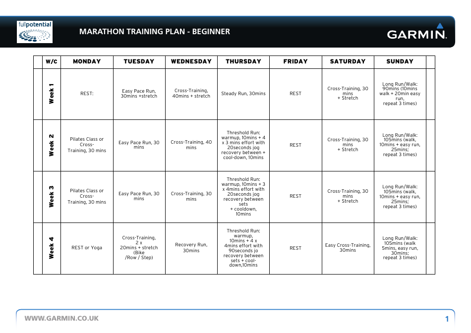 Marathon Training Plan Schedule for Beginners - Fullpotential, Garmin Image Preview