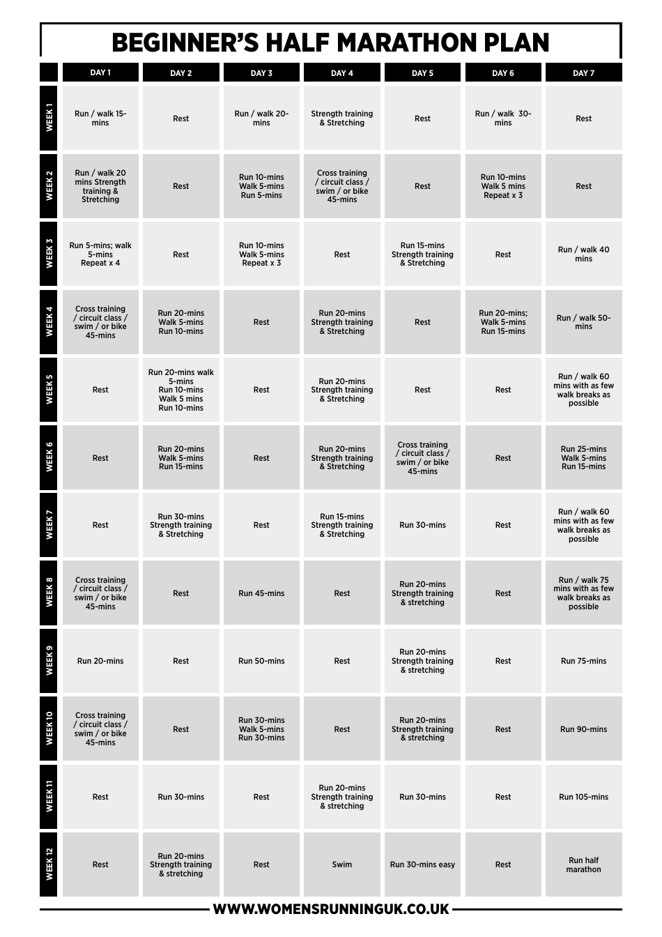 United Kingdom Beginner's Half Marathon Plan Template Download ...