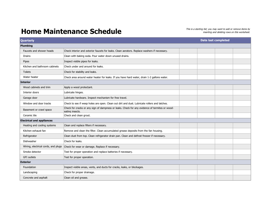 Home Maintenance Schedule Template - Quarterly