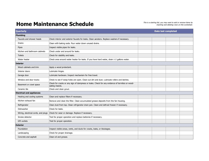 &quot;Quarterly Home Maintenance Schedule Template&quot; Download Pdf