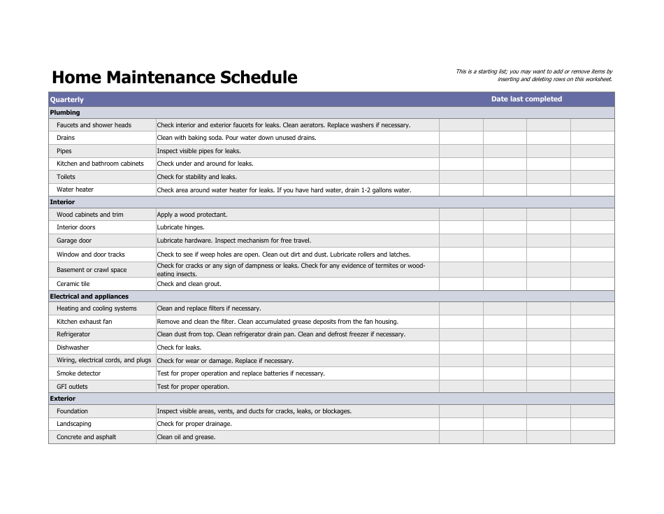Quarterly Home Maintenance Schedule Template Download Printable PDF