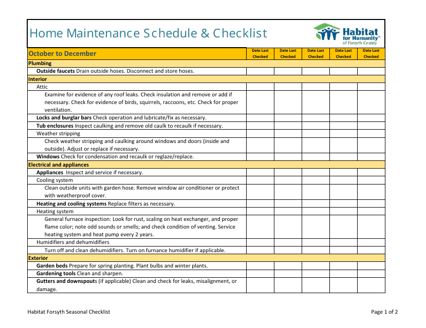 Home Maintenance Schedule Checklist Template Habitat For Humanity 