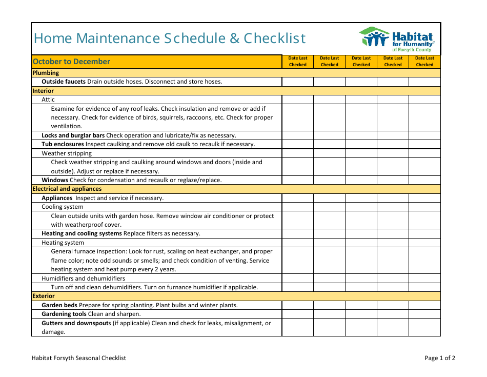 Home Maintenance Schedule & Checklist Template Habitat for Humanity