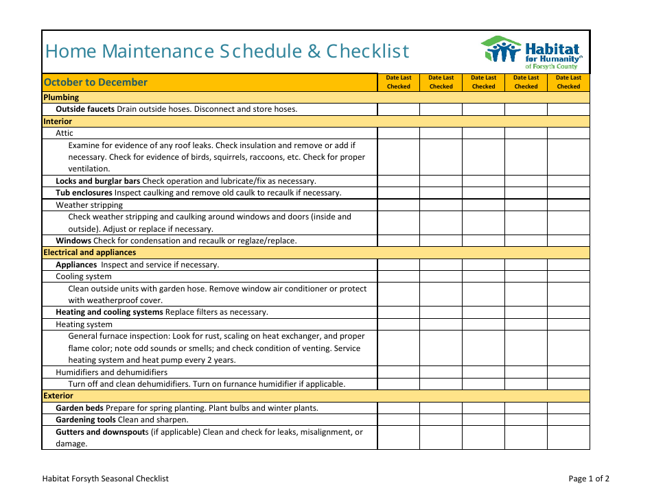 Home Maintenance Schedule Checklist