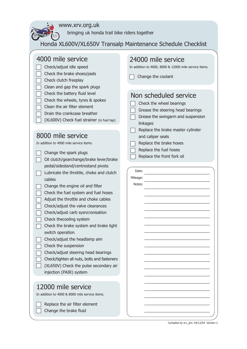 Maintenance Schedule Checklist Template for Xl600v/Xl650v Transalp Models - Honda Document Preview