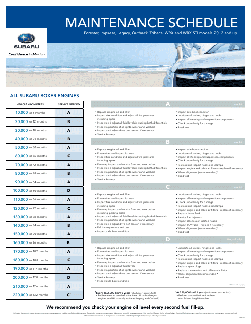 Maintenance Schedule for Forester, Impreza, Legacy, Outback, Tribeca, Wrx and Wrx Sti Car Models - Subaru