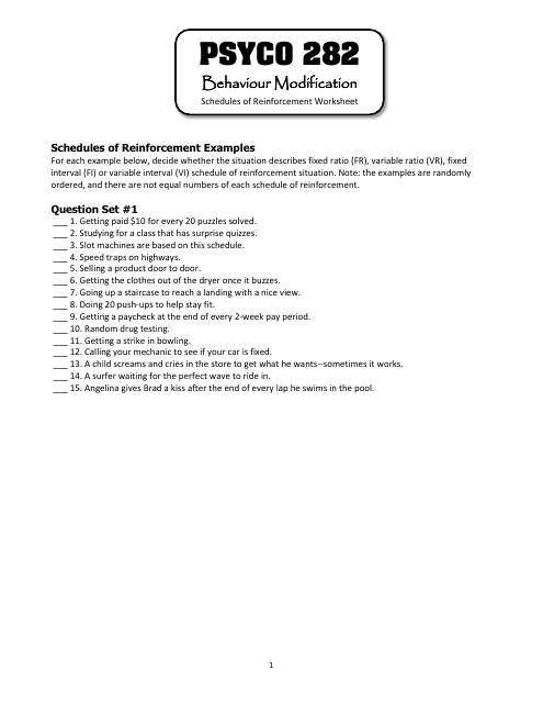 Schedules of Reinforcement Worksheet - Psyco 282 Behaviour Modification