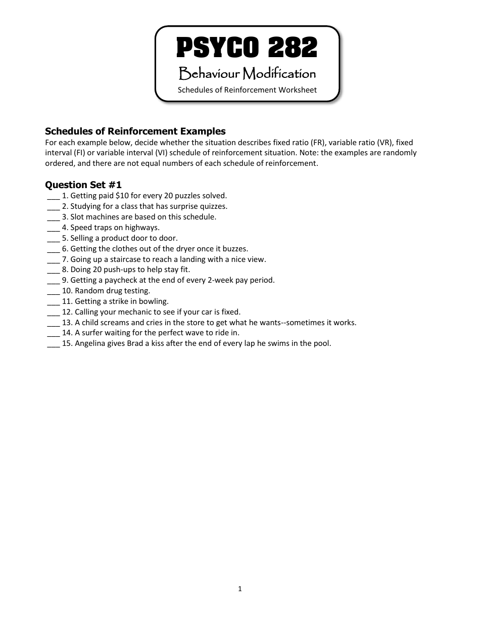 Schedules of Reinforcement Worksheet - Psyco 21 Behaviour Intended For Schedules Of Reinforcement Worksheet