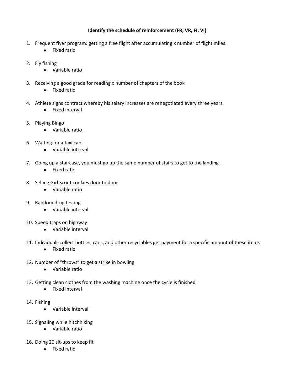 Identifying Schedules  of Reinforcement (Fr, Vr, Fi, VI) Answer Inside Schedules Of  Reinforcement Worksheet