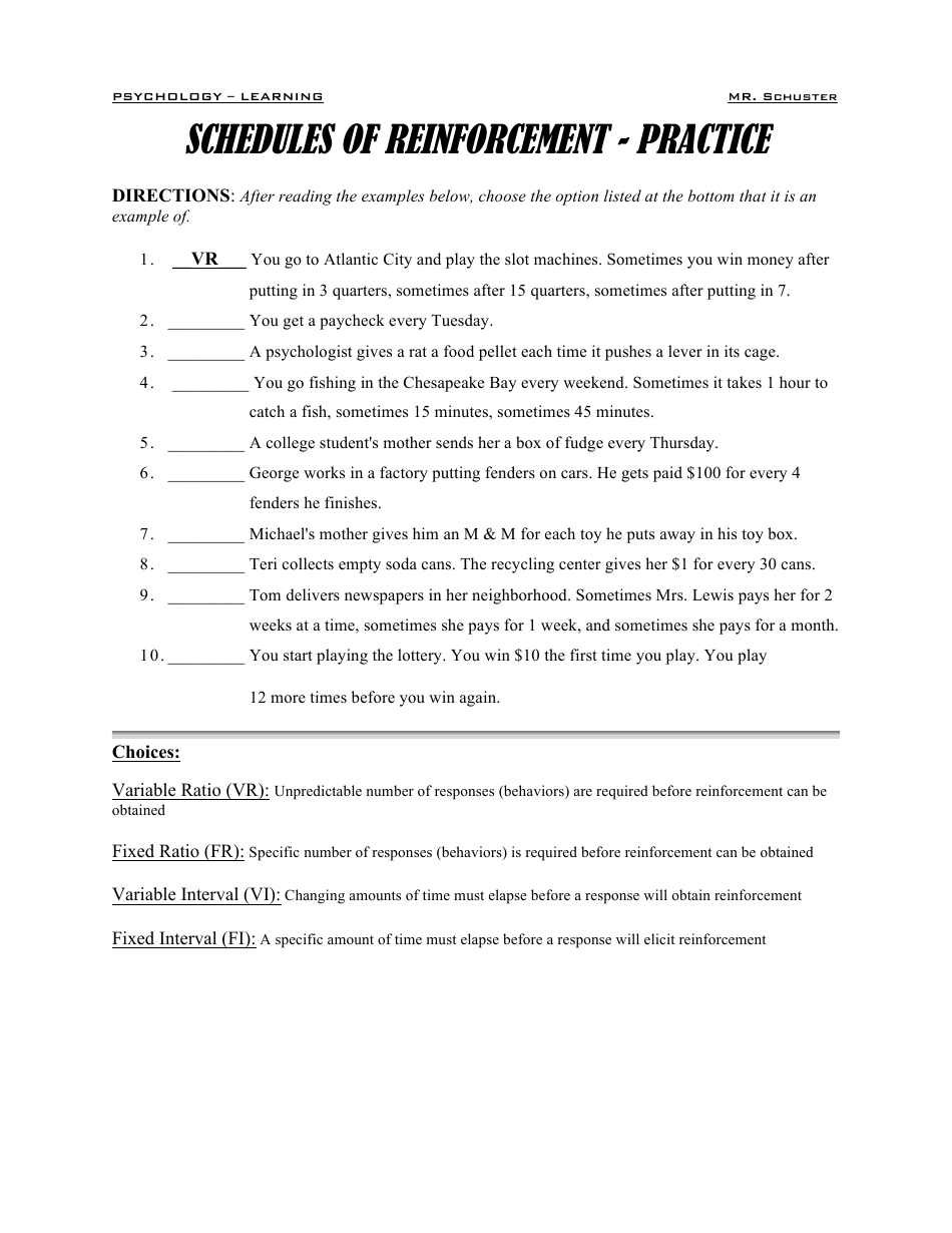 Schedules of  Reinforcement Practice Worksheet - Mr. Schuster Within Schedules Of  Reinforcement Worksheet