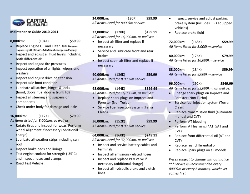 Maintenance Schedule Template for 2010-2011 Car Models Subaru - Capital Subaru