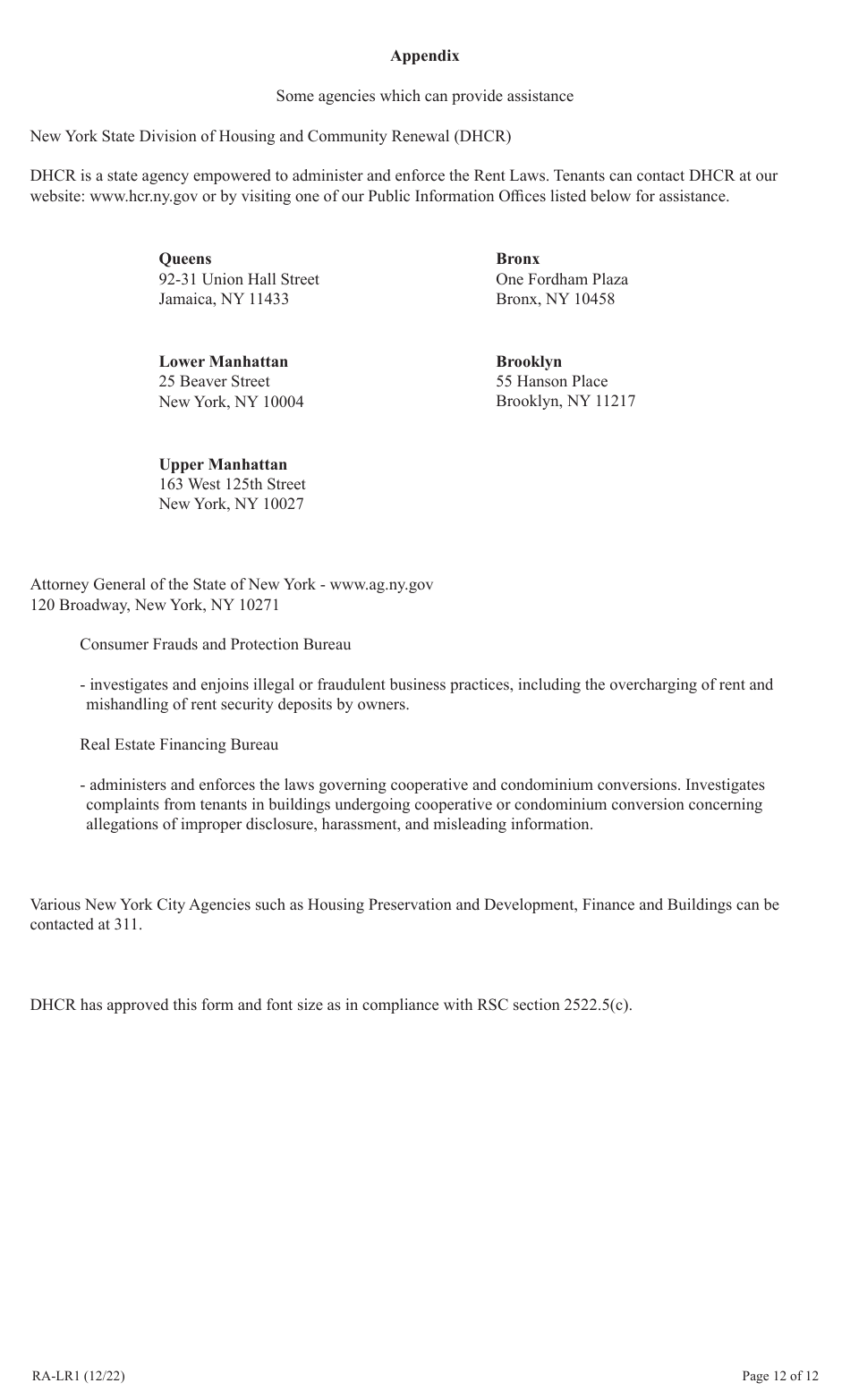 Form RA-LR1 Emergency Tenant Protection Act (Etpa) Standard Lease Addenda for Rent Stabilized Tenants - New York, Page 12