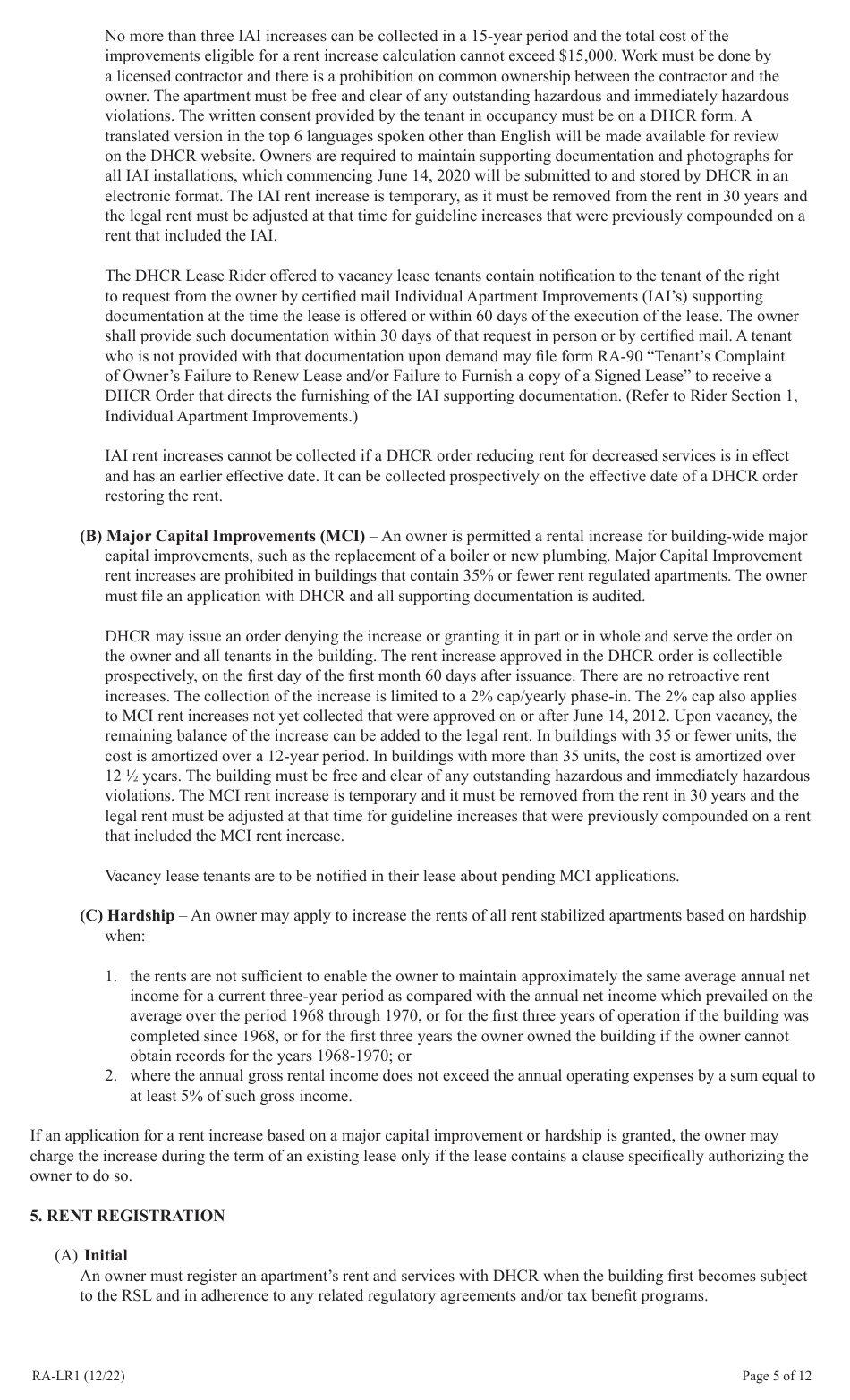 Form RA-LR1 Emergency Tenant Protection Act (Etpa) Standard Lease Addenda for Rent Stabilized Tenants - New York, Page 5