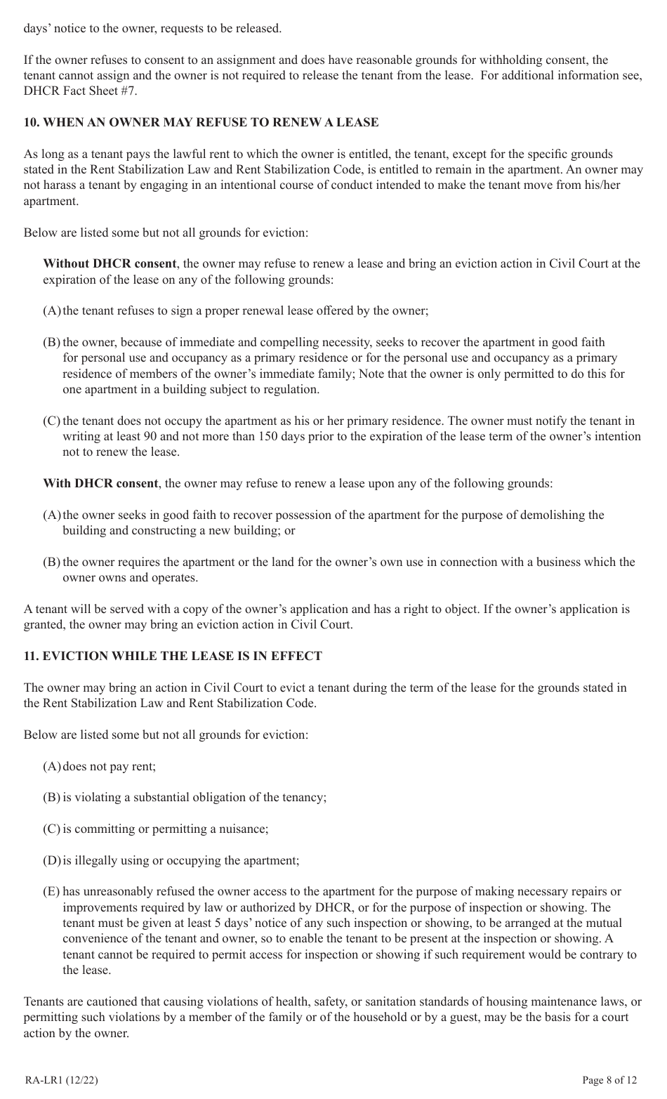 Form RA-LR1 Emergency Tenant Protection Act (Etpa) Standard Lease Addenda for Rent Stabilized Tenants - New York, Page 8