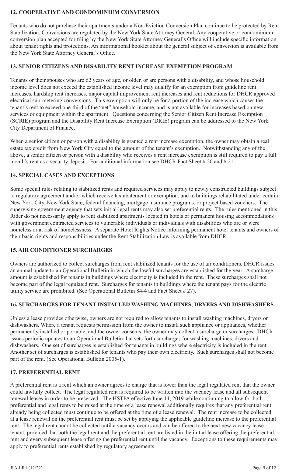 Form RA-LR1 Emergency Tenant Protection Act (Etpa) Standard Lease Addenda for Rent Stabilized Tenants - New York, Page 9