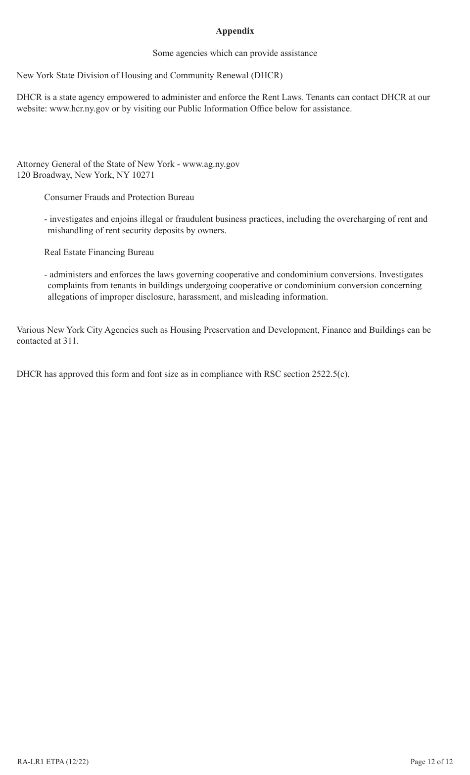 Form RA-LR1 ETPA Emergency Tenant Protection Act (Etpa) Standard Lease Addenda for Rent Stabilized Tenants - New York, Page 12
