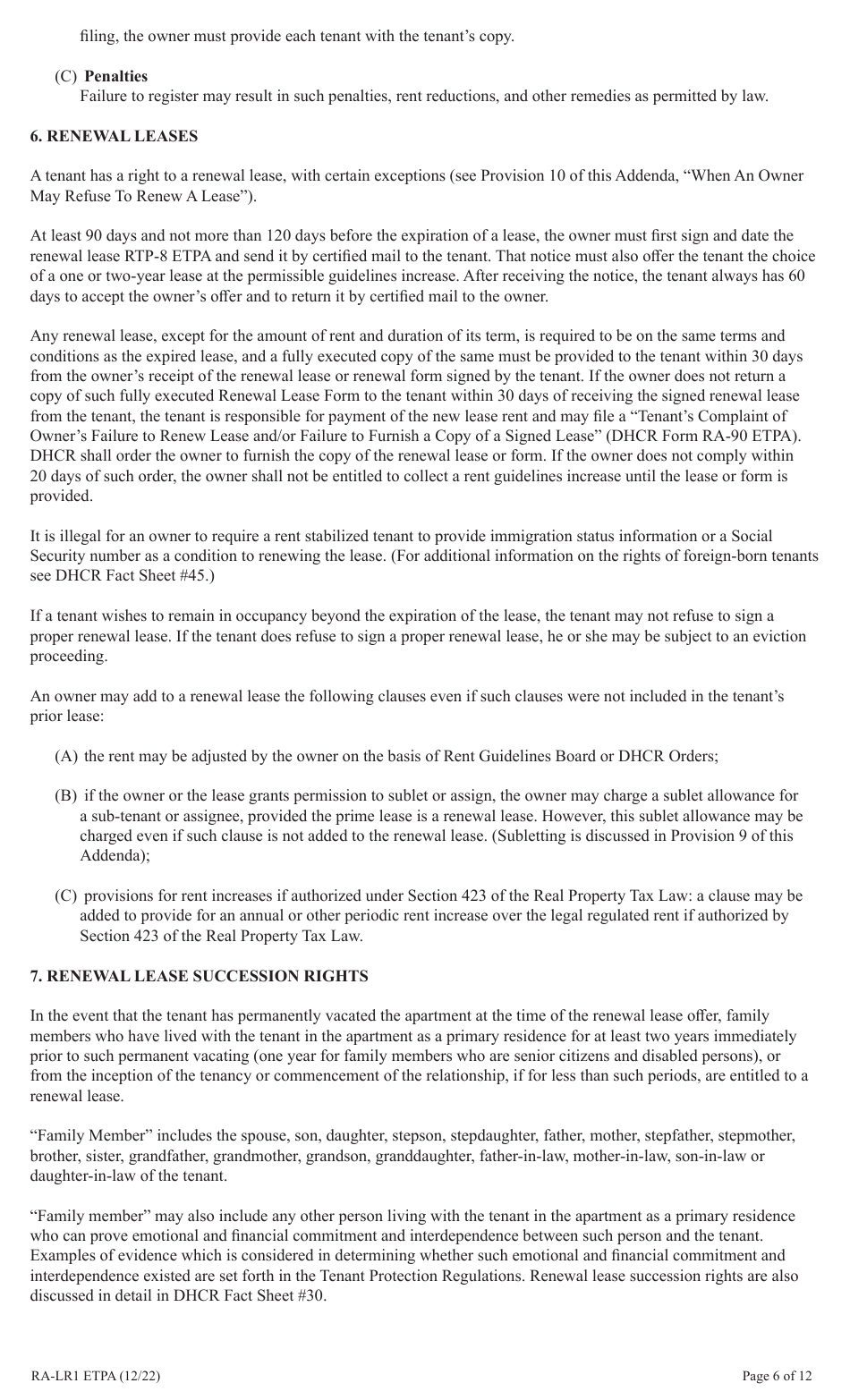 Form RA-LR1 ETPA Emergency Tenant Protection Act (Etpa) Standard Lease Addenda for Rent Stabilized Tenants - New York, Page 6