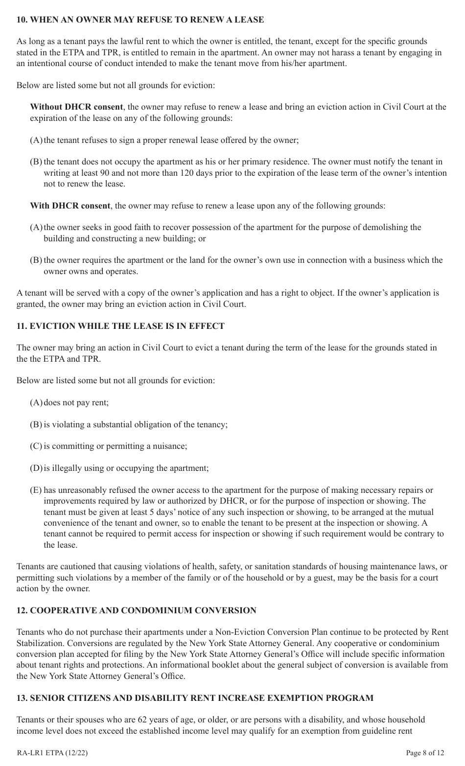 Form RA-LR1 ETPA Emergency Tenant Protection Act (Etpa) Standard Lease Addenda for Rent Stabilized Tenants - New York, Page 8