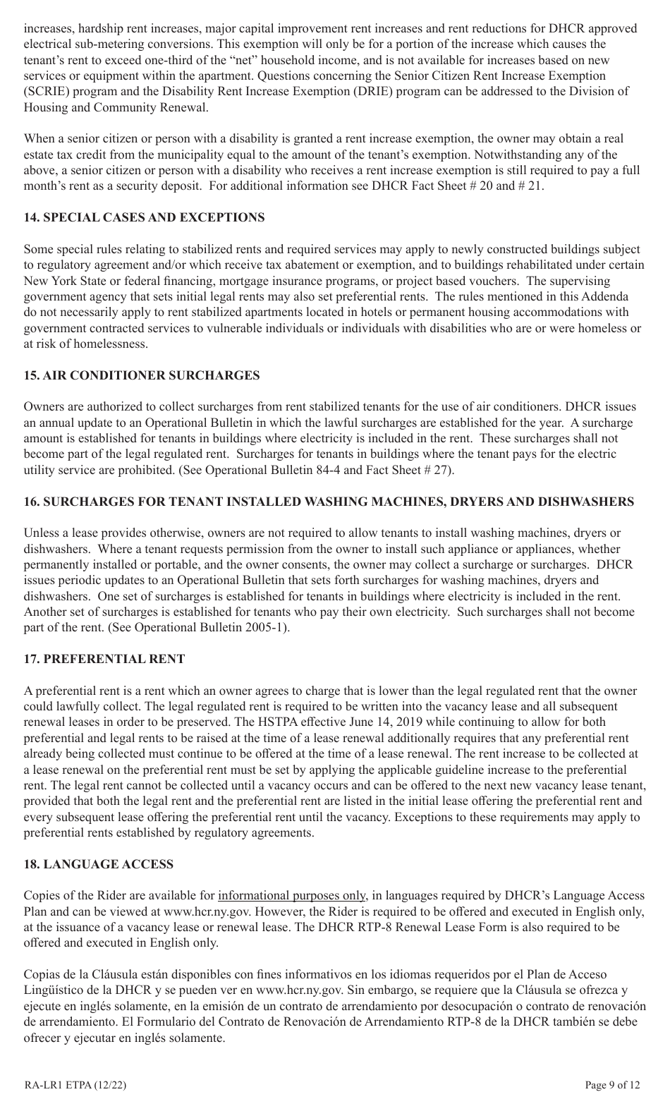 Form RA-LR1 ETPA Emergency Tenant Protection Act (Etpa) Standard Lease Addenda for Rent Stabilized Tenants - New York, Page 9