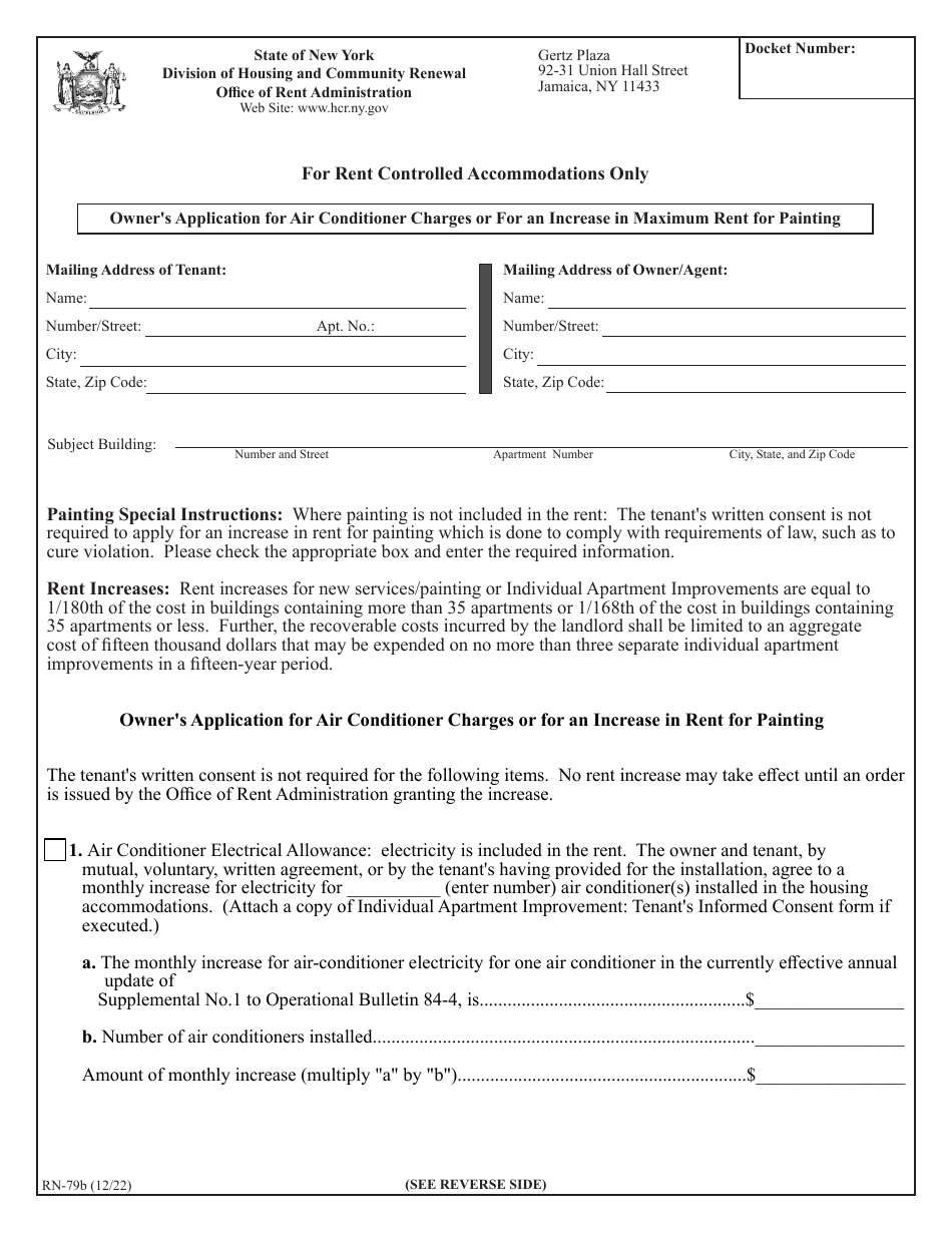 Form RN-79B Owners Application for Air Conditioner Charges or for an Increase in Maximum Rent for Painting - New York, Page 1