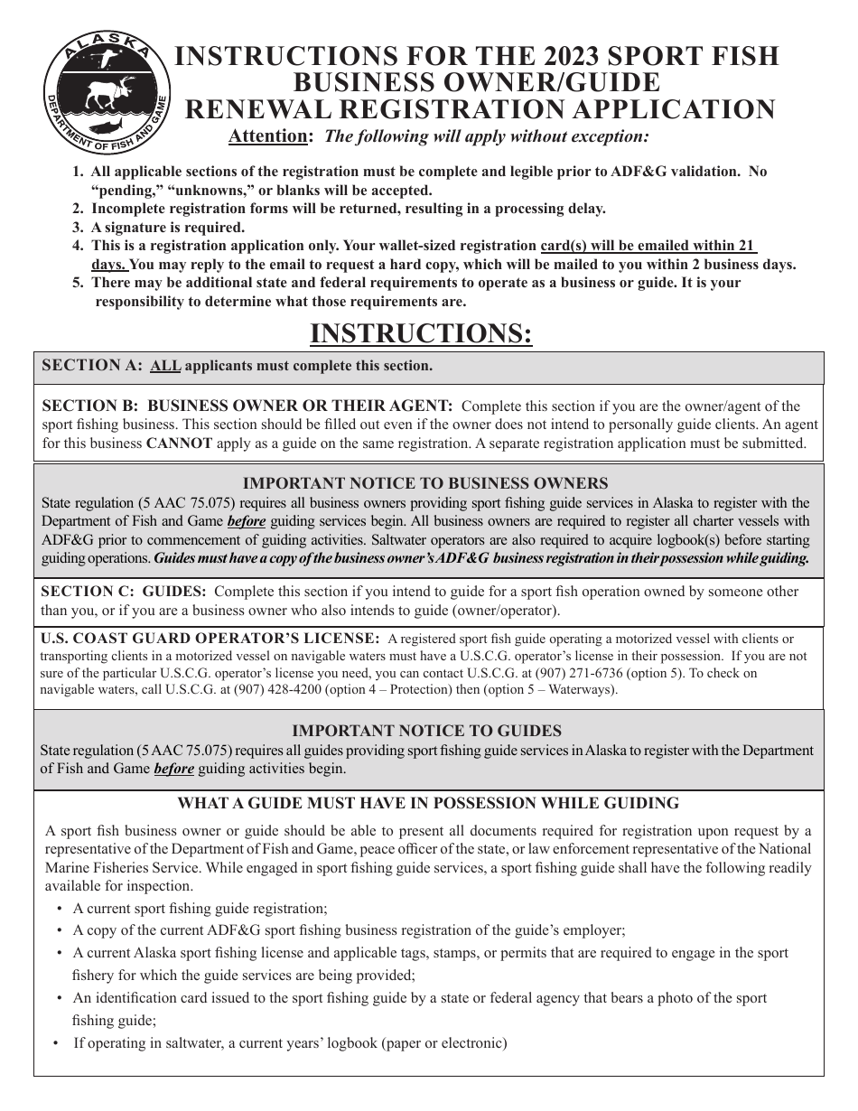 Sport Fish Business Owner / Guide Renewal Registration Application - Alaska, Page 2