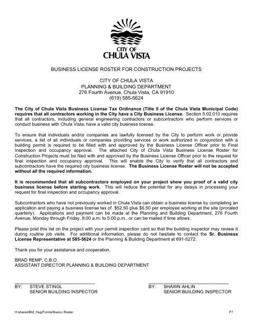 Business License Roster for Construction Projects - City of Chula Vista, California Download Pdf