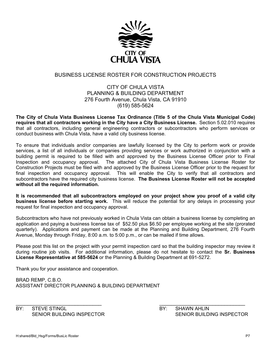 Business License Roster for Construction Projects - City of Chula Vista, California, Page 1