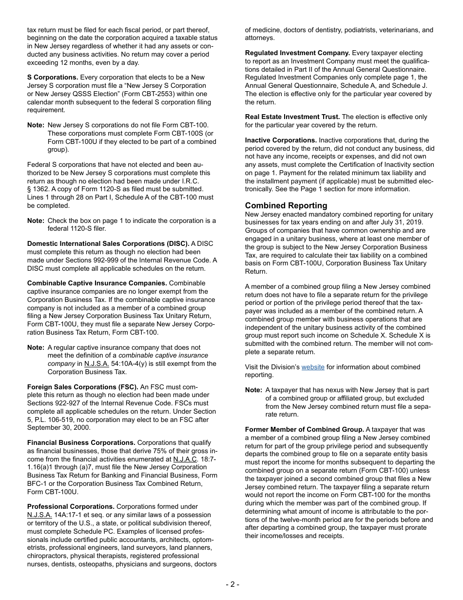 Instructions for Form CBT-100 New Jersey Corporation Business Tax Return - New Jersey, Page 2