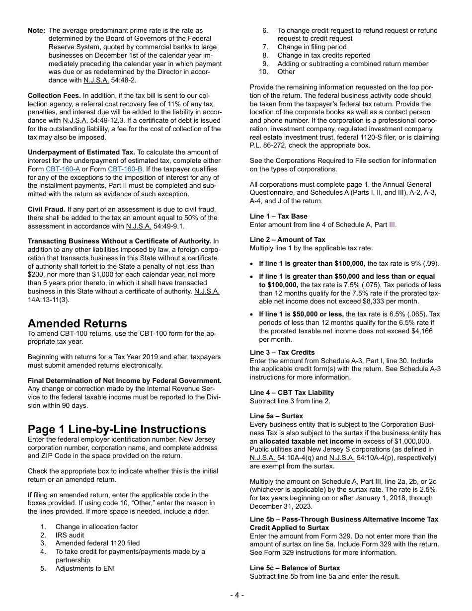 Instructions for Form CBT-100 New Jersey Corporation Business Tax Return - New Jersey, Page 4