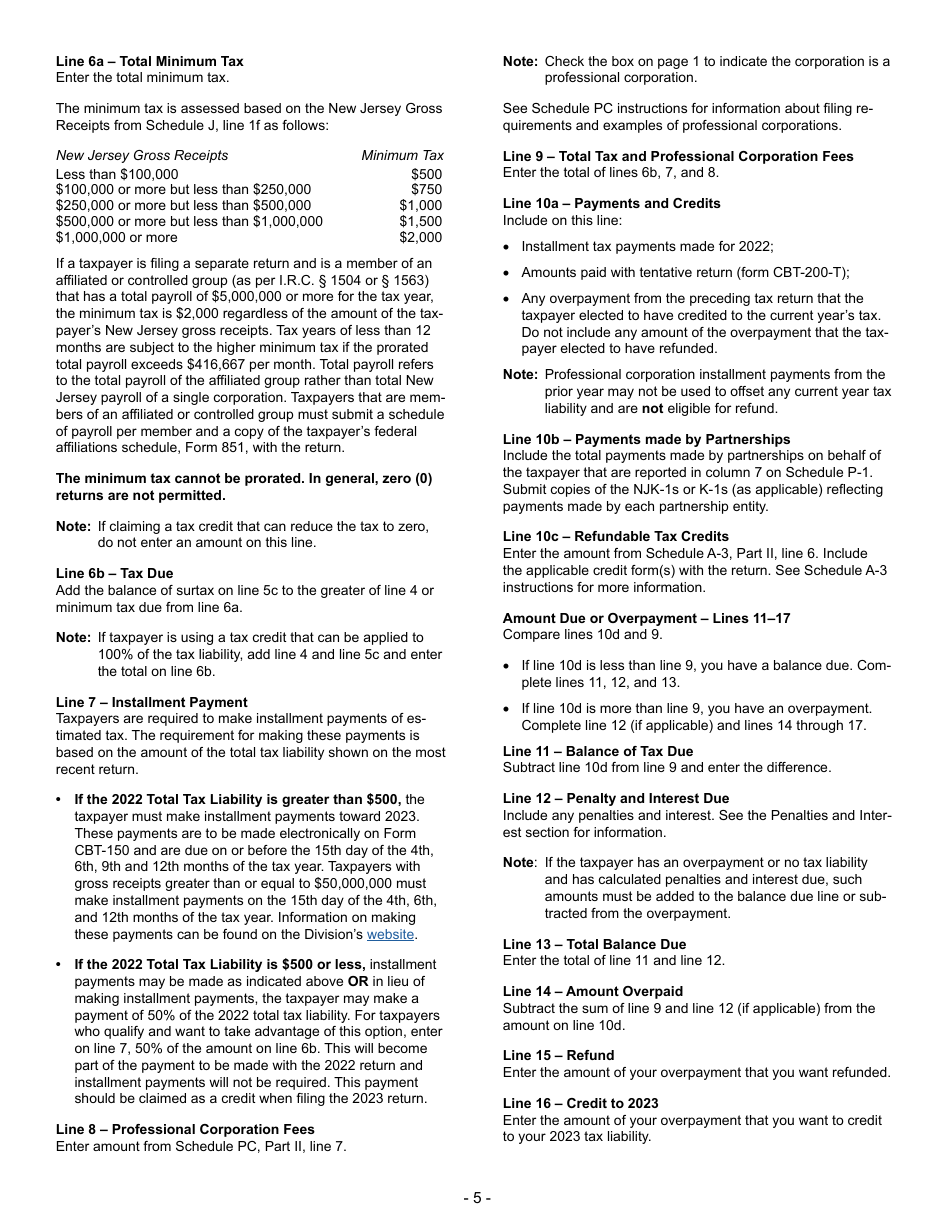 Instructions for Form CBT-100 New Jersey Corporation Business Tax Return - New Jersey, Page 5