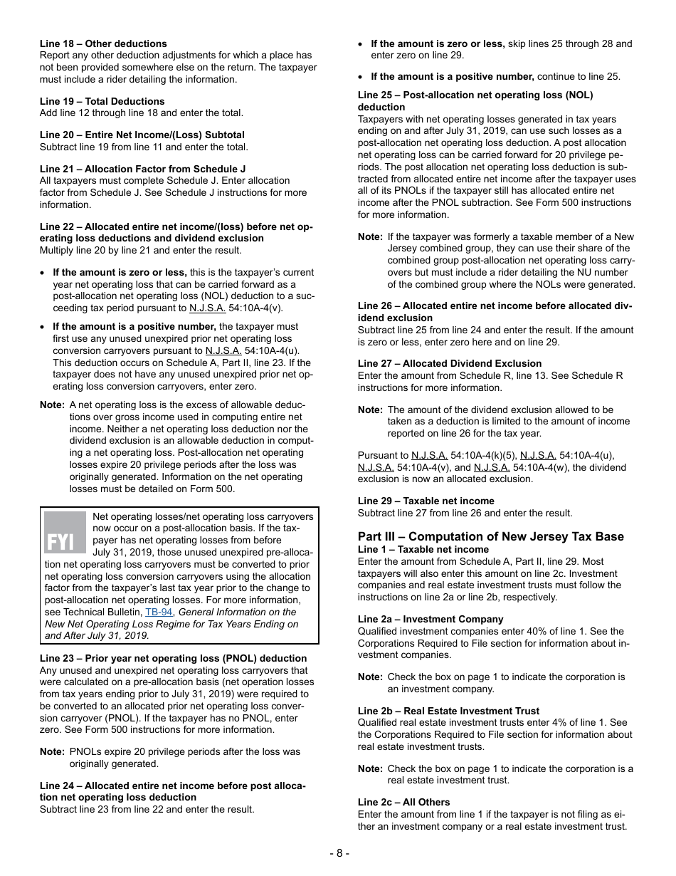 Instructions for Form CBT-100 New Jersey Corporation Business Tax Return - New Jersey, Page 8