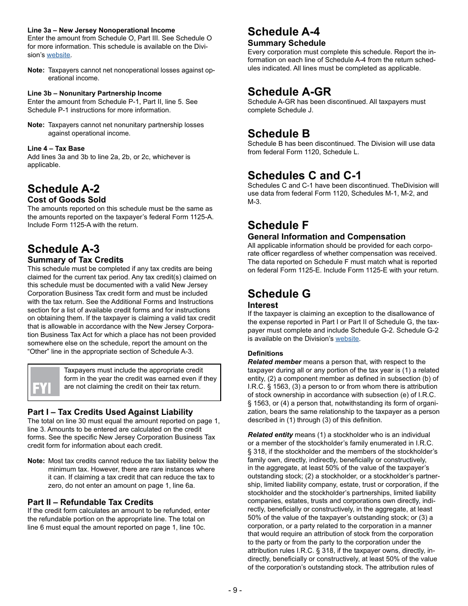 Instructions for Form CBT-100 New Jersey Corporation Business Tax Return - New Jersey, Page 9
