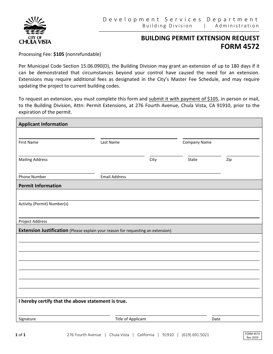 Form 4572 Building Permit Extension Request - City of Chula Vista, California, Page 1