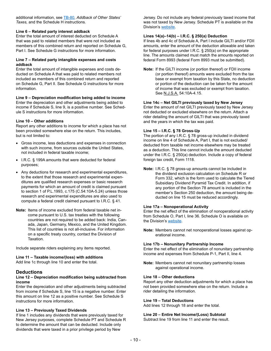 Instructions for Form CBT-100U New Jersey Corporation Business Tax Unitary Return - New Jersey, Page 10