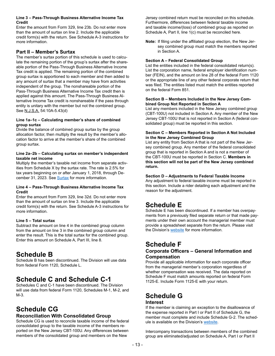 Instructions for Form CBT-100U New Jersey Corporation Business Tax Unitary Return - New Jersey, Page 13