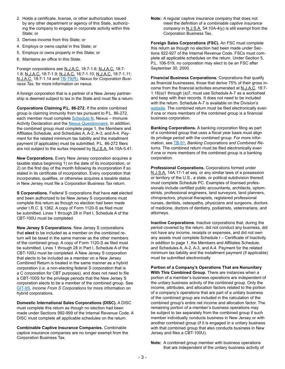 Instructions for Form CBT-100U New Jersey Corporation Business Tax Unitary Return - New Jersey, Page 3