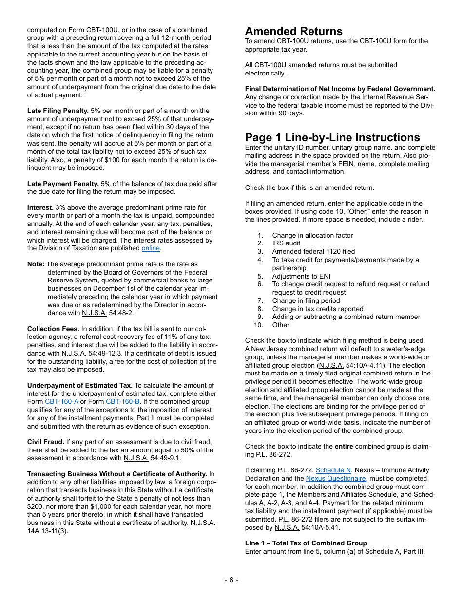 Instructions for Form CBT-100U New Jersey Corporation Business Tax Unitary Return - New Jersey, Page 6