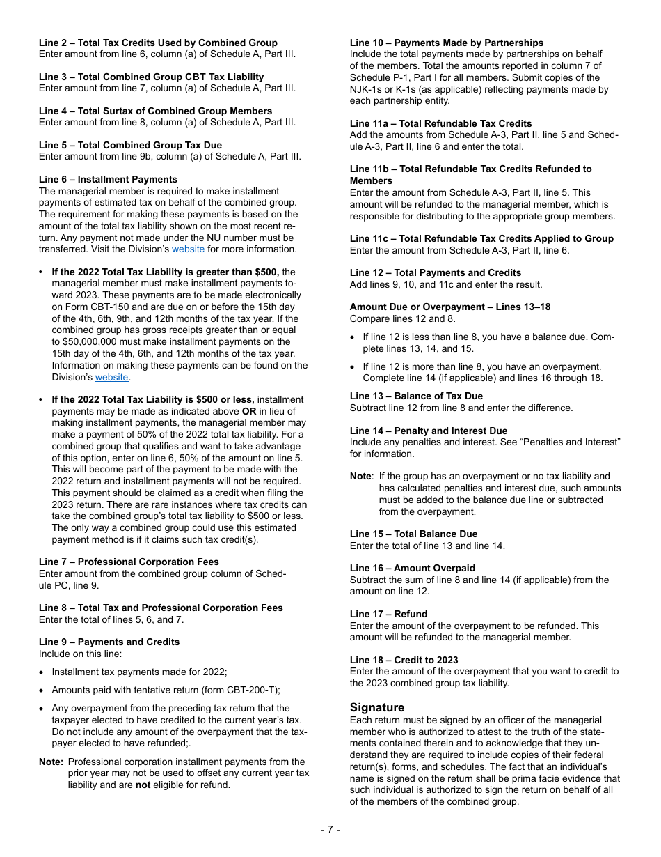 Instructions for Form CBT-100U New Jersey Corporation Business Tax Unitary Return - New Jersey, Page 7