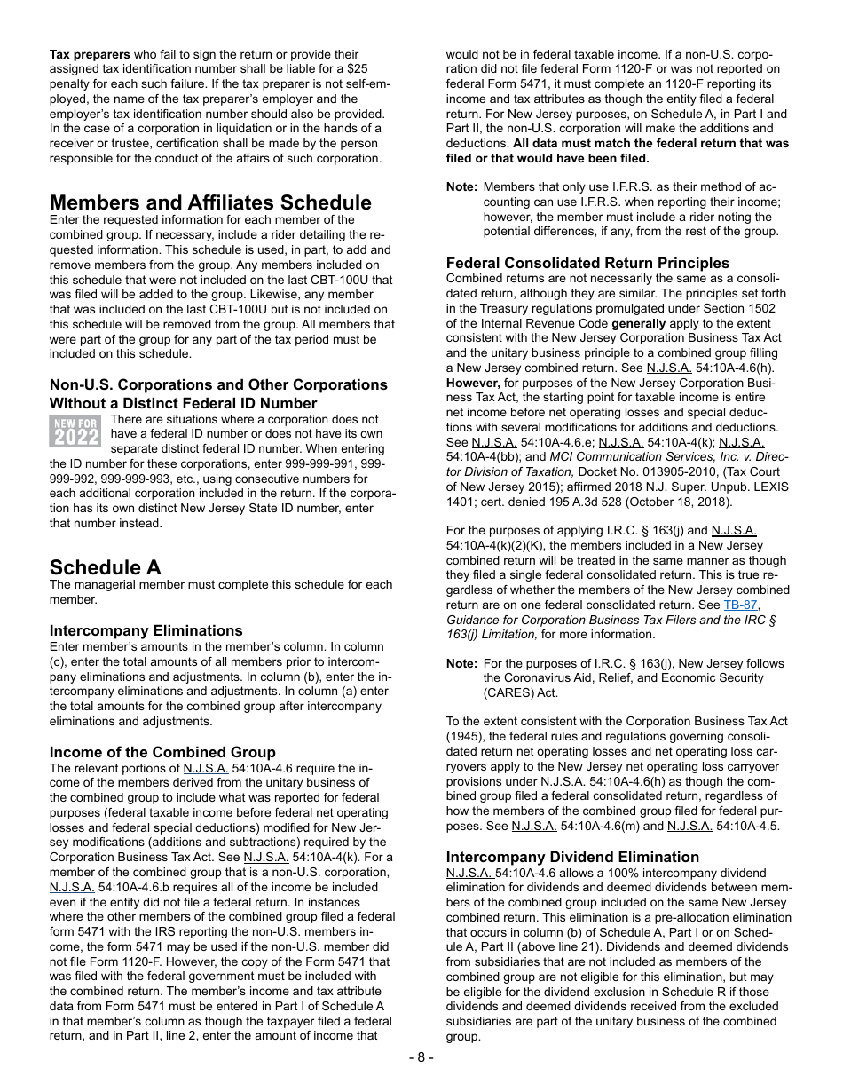 Instructions for Form CBT-100U New Jersey Corporation Business Tax Unitary Return - New Jersey, Page 8