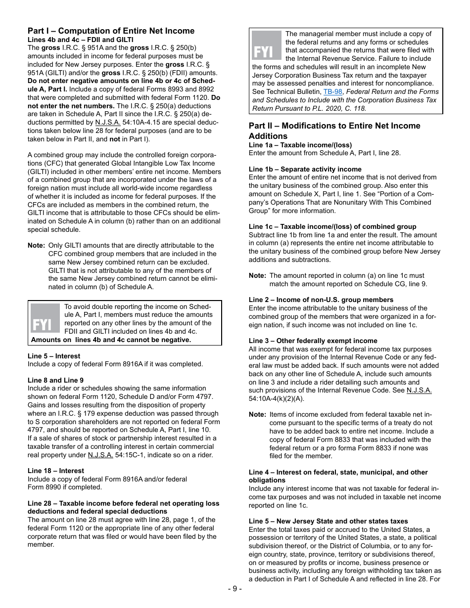 Instructions for Form CBT-100U New Jersey Corporation Business Tax Unitary Return - New Jersey, Page 9