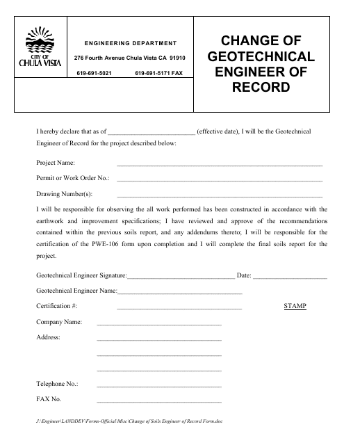 Change of Geotechnical Engineer of Record - City of Chula Vista, California Download Pdf
