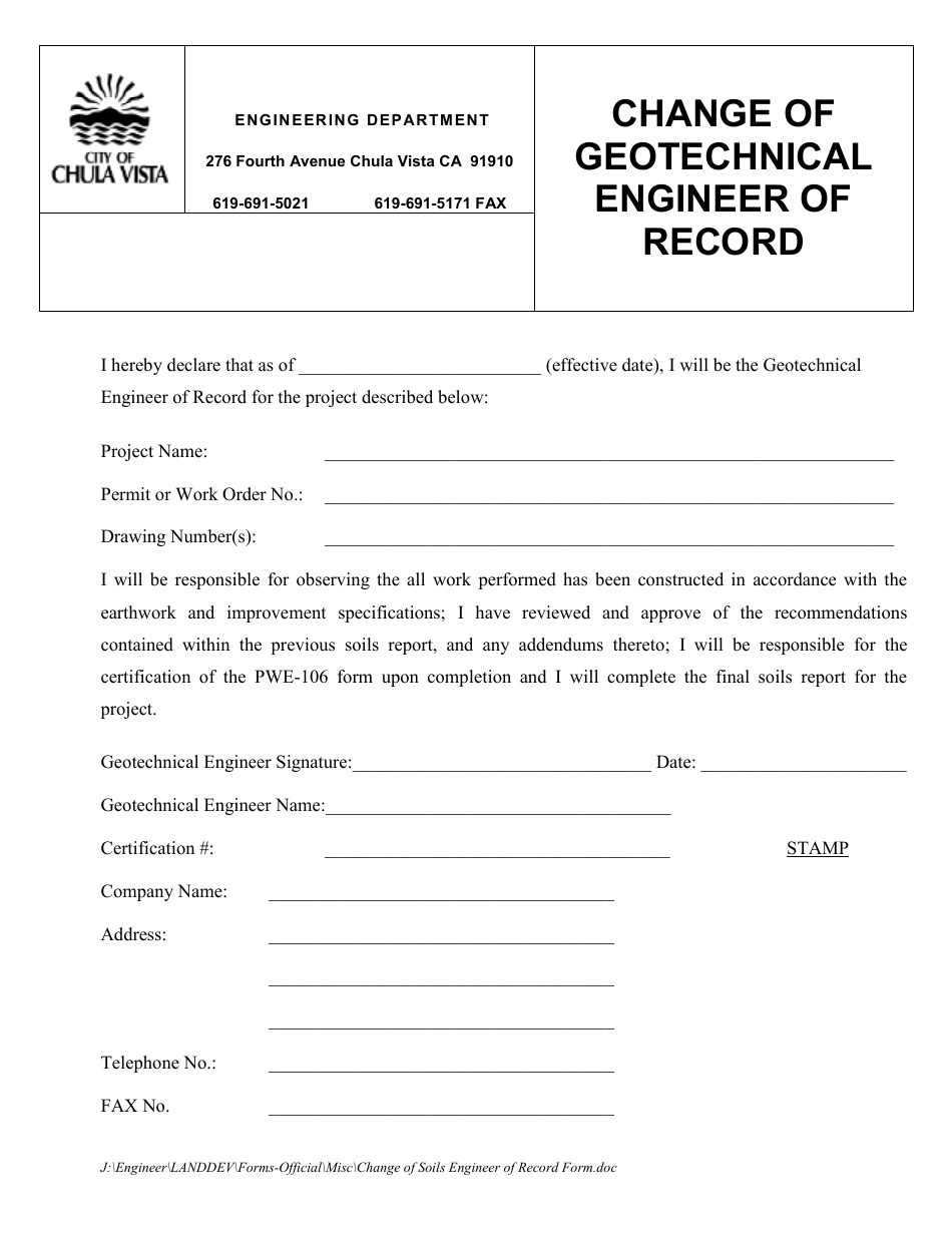 Change of Geotechnical Engineer of Record - City of Chula Vista, California, Page 1
