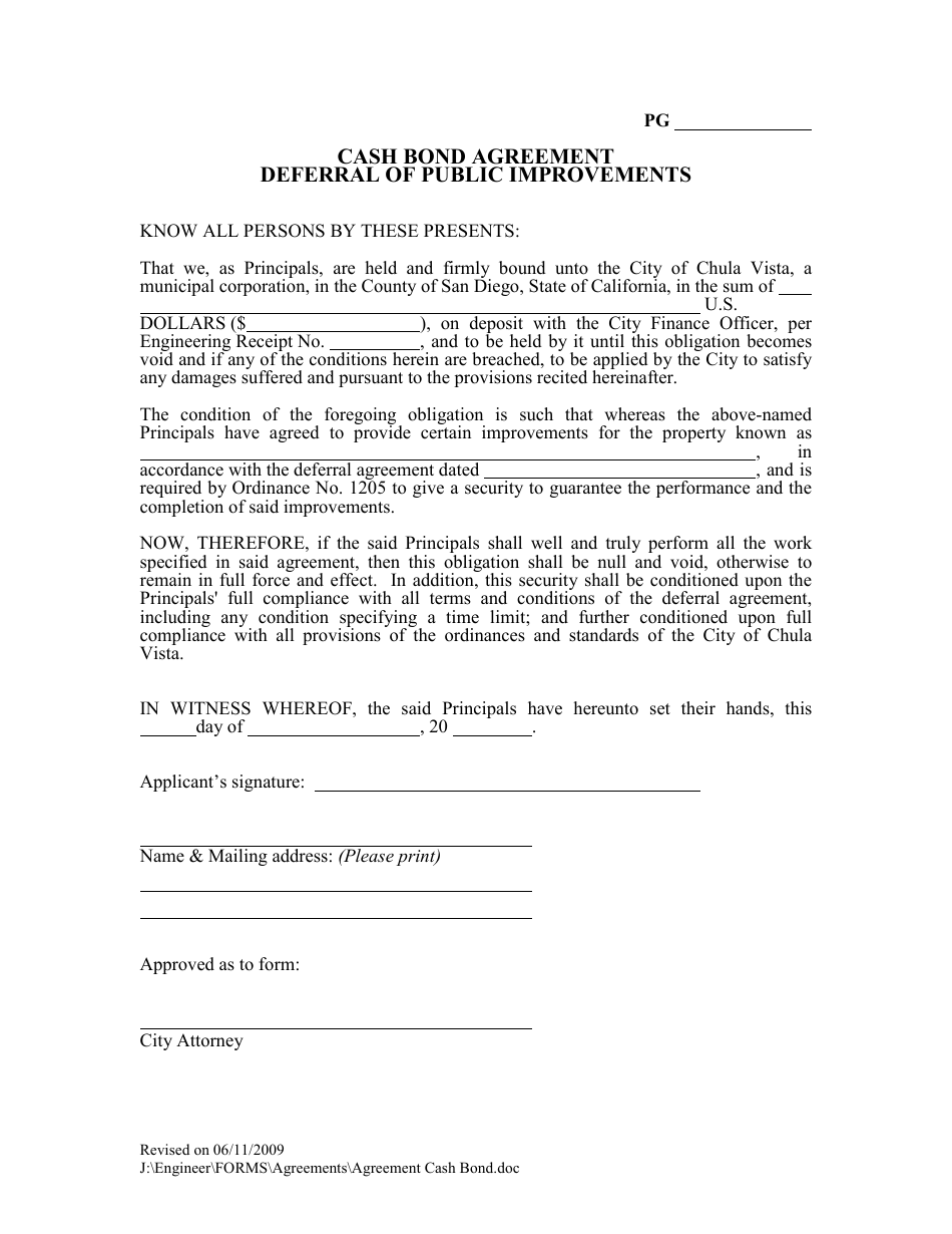 Cash Bond Agreement Deferral of Public Improvements - City of Chula Vista, California, Page 1