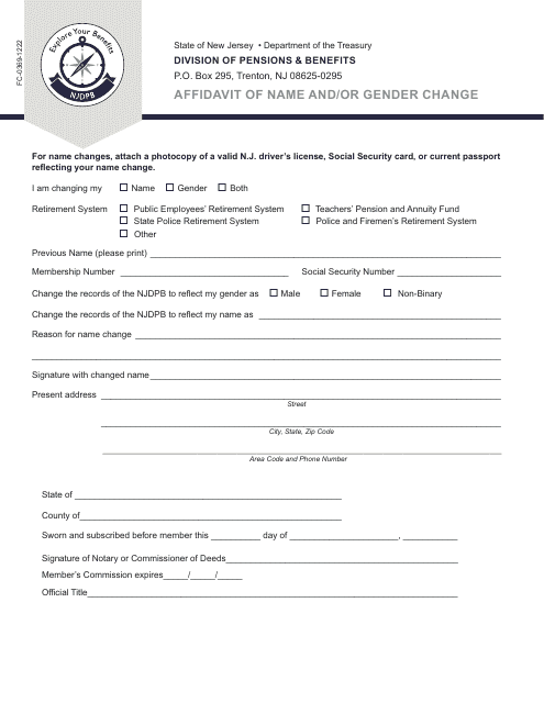 Form FC-0369 Affidavit of Name and/or Gender Change - New Jersey
