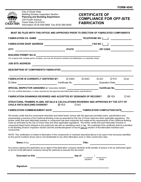 Form 4542 Certificate of Compliance for off-Site Fabrication - City of Chula Vista, California