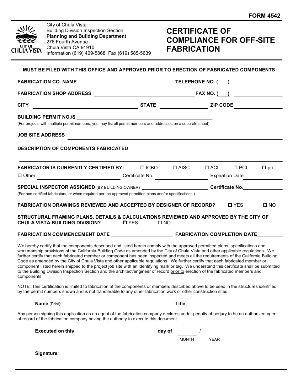 Form 4542 Certificate of Compliance for off-Site Fabrication - City of Chula Vista, California, Page 1