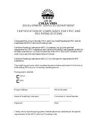 Document preview: Certification of Compliance for Cpvc and Pex Piping Systems - City of Chula Vista, California