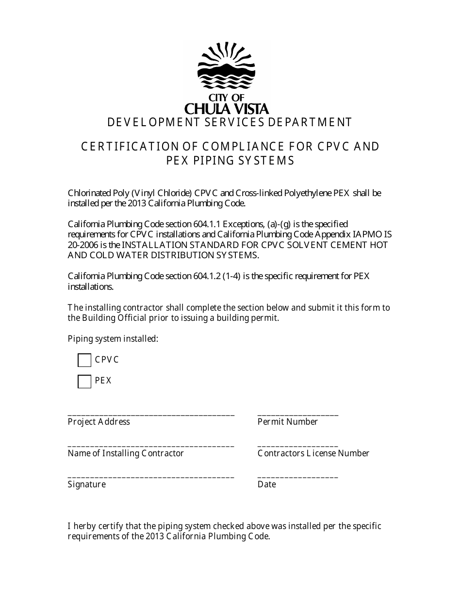 Certification of Compliance for Cpvc and Pex Piping Systems - City of Chula Vista, California, Page 1