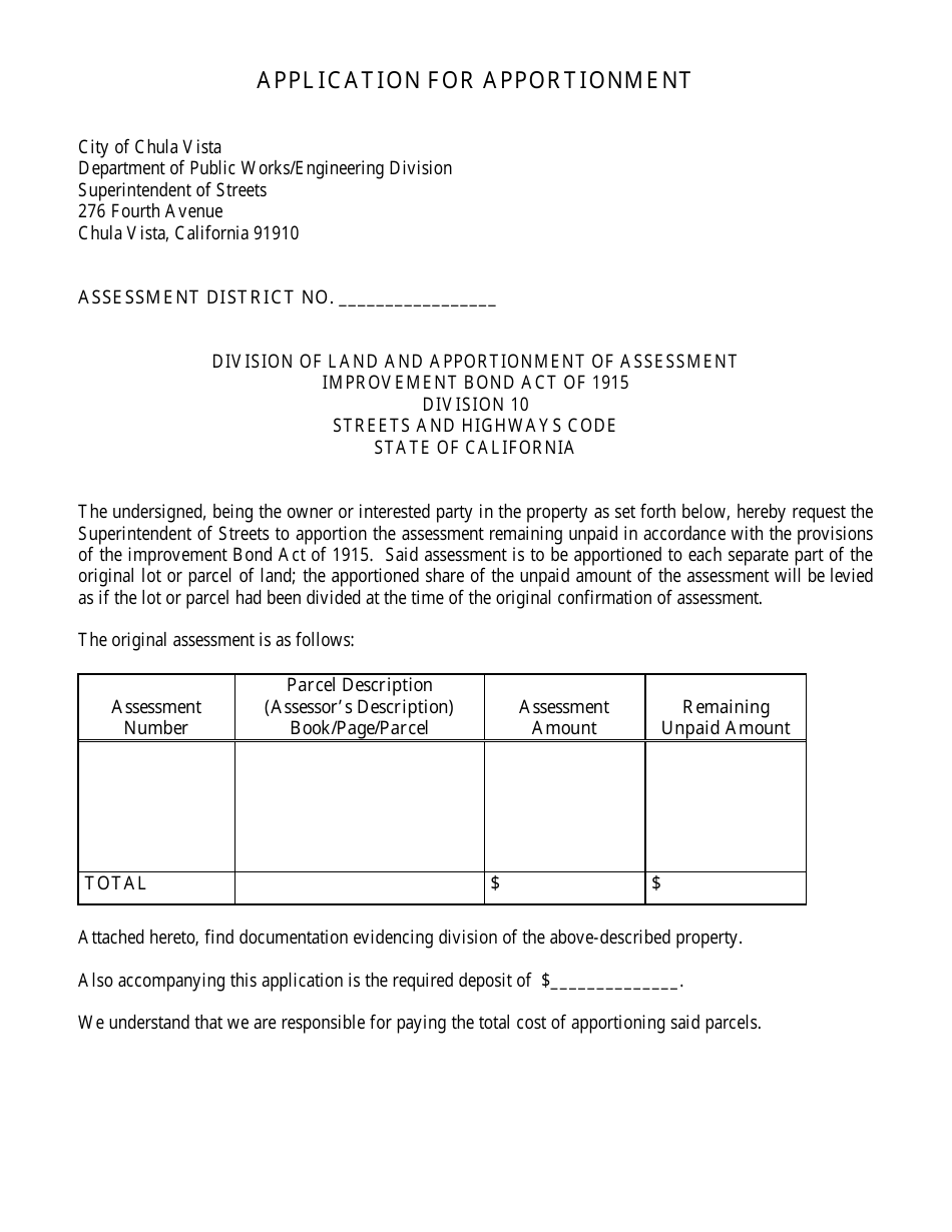 Application for Apportionment - City of Chula Vista, California, Page 1