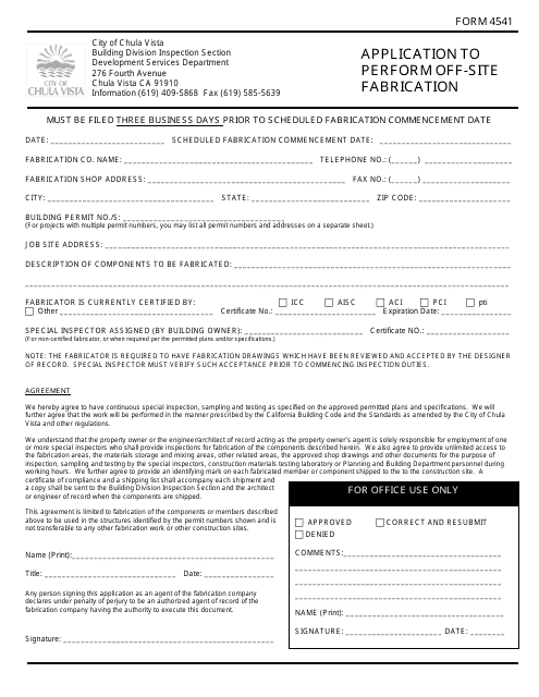 Form 4541 Application to Perform off-Site Fabrication - City of Chula Vista, California